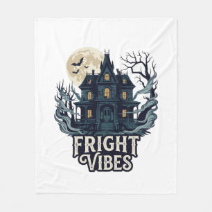 Fright Vibes Haloween Haunted House Full Moon Bats Fleece Blanket