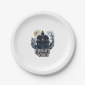 Fright Vibes Haloween Haunted House Full Moon Bats Paper Plate