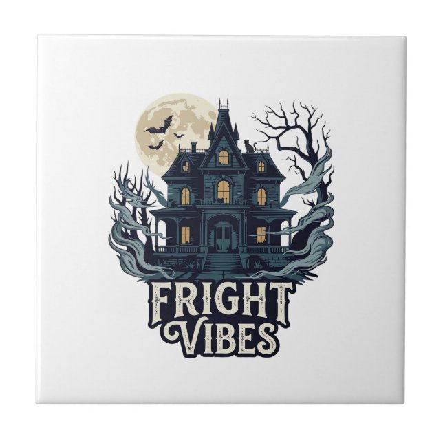 Fright Vibes Haloween Haunted House Full Moon Bats Tile (Front)
