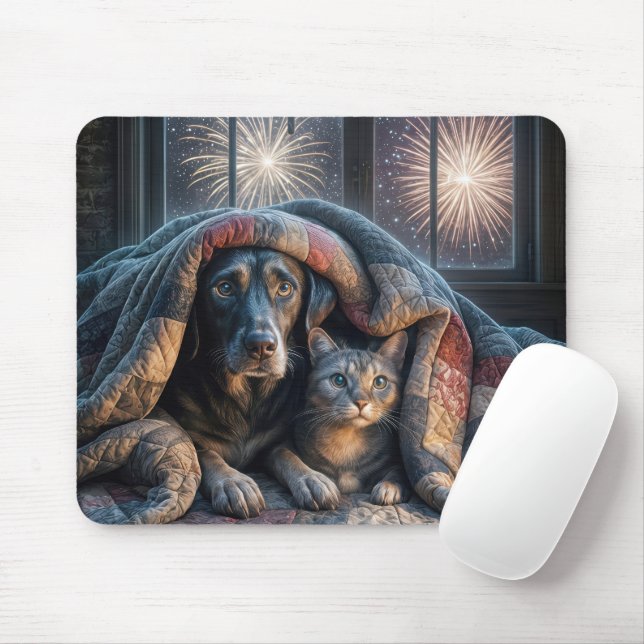 Frightened Dog and Cat Under a Quilt Mouse Mat (With Mouse)