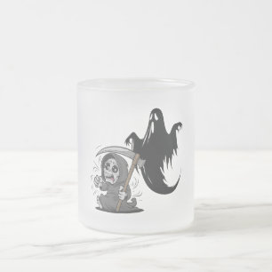 Frightened grim reaper and ghost. frosted glass coffee mug