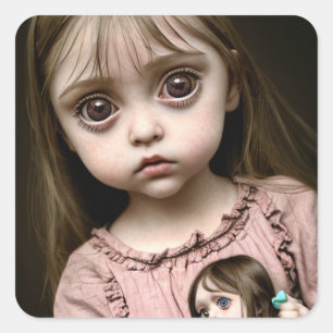 Frightened Little Girl with Creepy Doll Eerie  Square Sticker