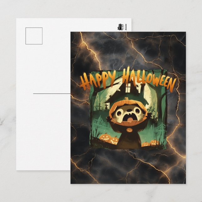 Frightened Otter in Halloween pumpkin costume Holiday Postcard (Front/Back)