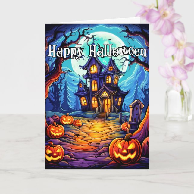 Frightful Haunted House | Happy Halloween Card (Orchid)