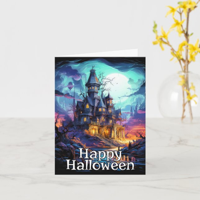 Frightful Spooky Haunted House | Happy Halloween Card (Yellow Flower)