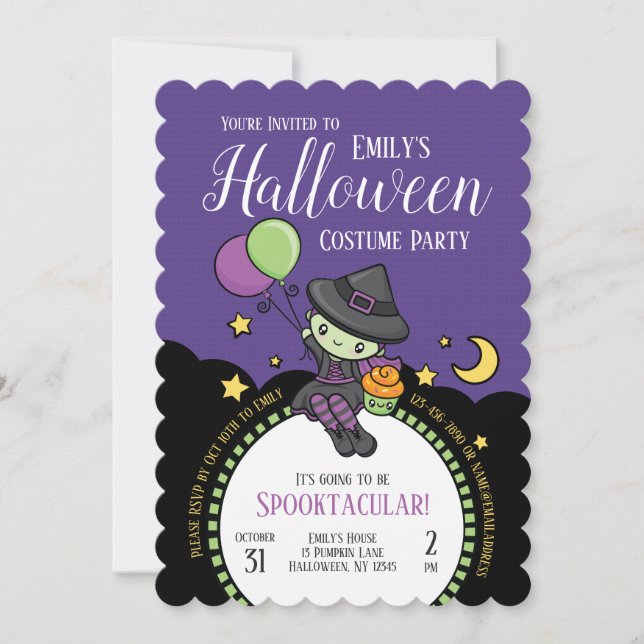 Frightfully Cute Halloween Witch Invitation (Front)