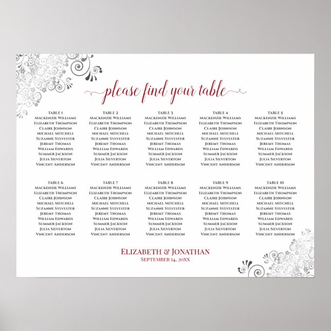 Frilly 10 Table Wedding Seating Chart White & Red (Front)