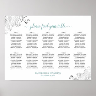 Frilly 10 Table Wedding Seating Chart White & Teal