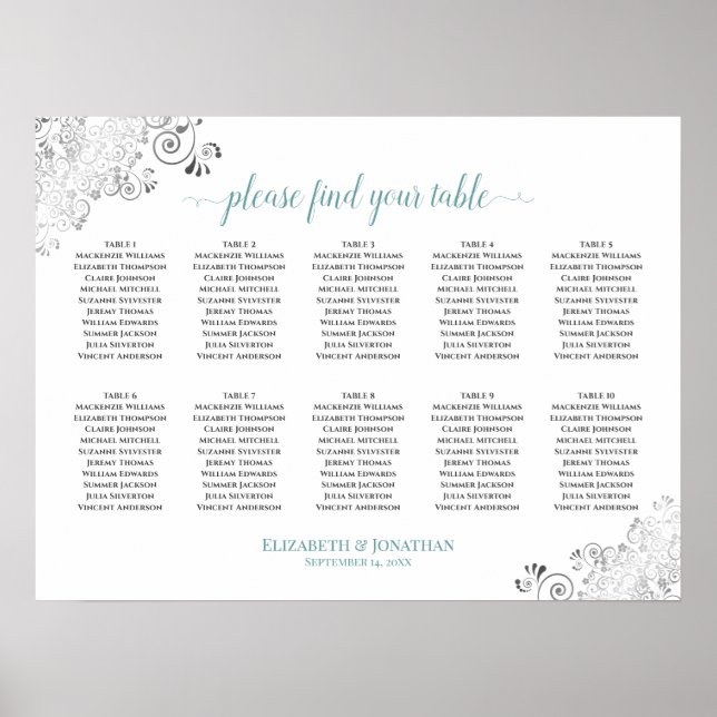 Frilly 10 Table Wedding Seating Chart White & Teal (Front)
