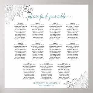 Frilly 11 Table Wedding Seating Chart White & Teal
