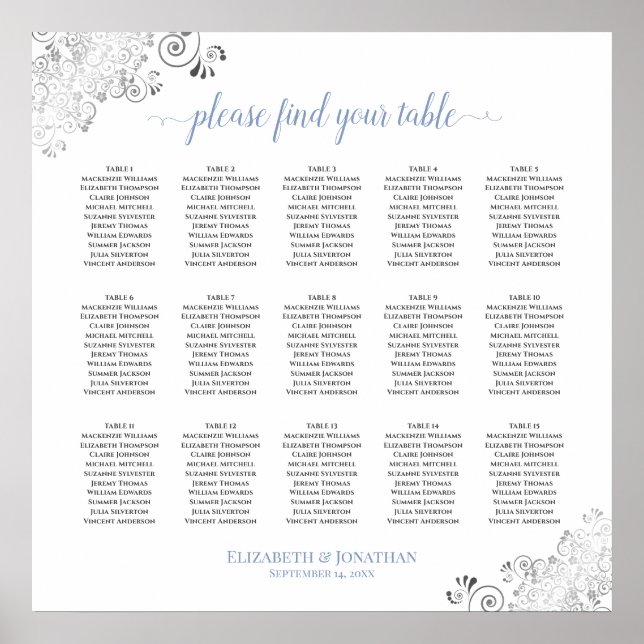 Frilly 15 Table Wedding Seating Chart White & Blue (Front)