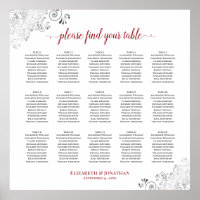 Frilly 15 Table Wedding Seating Chart White & Red