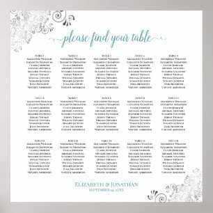 Frilly 15 Table Wedding Seating Chart White & Teal