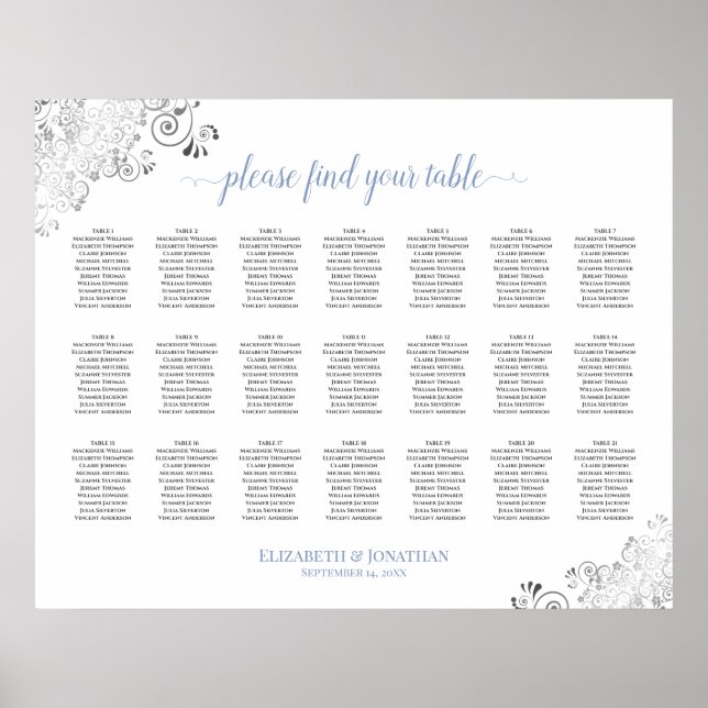 Frilly 21 Table Wedding Seating Chart White & Blue (Front)