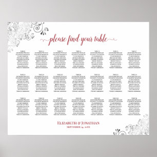 Frilly 21 Table Wedding Seating Chart White & Red
