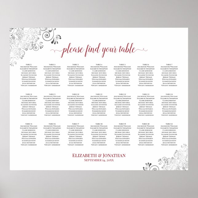 Frilly 21 Table Wedding Seating Chart White & Red (Front)