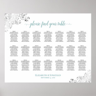 Frilly 21 Table Wedding Seating Chart White & Teal
