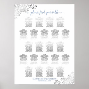 Frilly 22 Table Wedding Seating Chart White & Blue