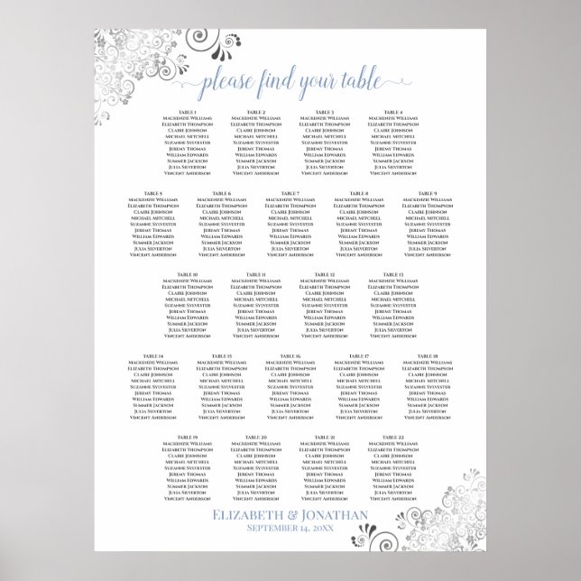 Frilly 22 Table Wedding Seating Chart White & Blue (Front)