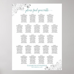 Frilly 22 Table Wedding Seating Chart White & Teal