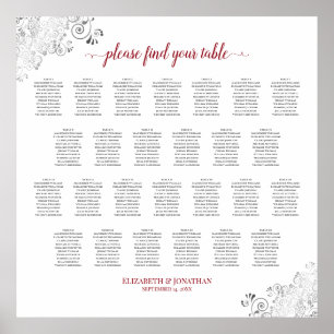 Frilly 26 Table Wedding Seating Chart White & Red