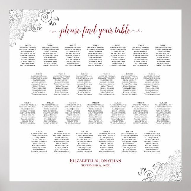 Frilly 26 Table Wedding Seating Chart White & Red (Front)