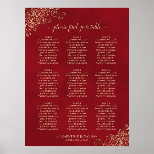 Frilly 9 Table Wedding Seating Chart Red & Gold (Front)
