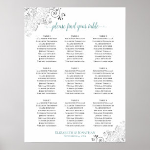 Frilly 9 Table Wedding Seating Chart White & Teal