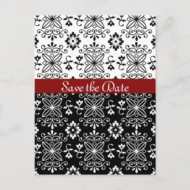 Frilly Black, White and Red Save the Date Postcard (Front)