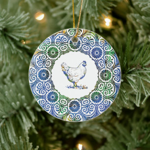 Frilly Chicken in Blue and Green Ceramic Tree Decoration