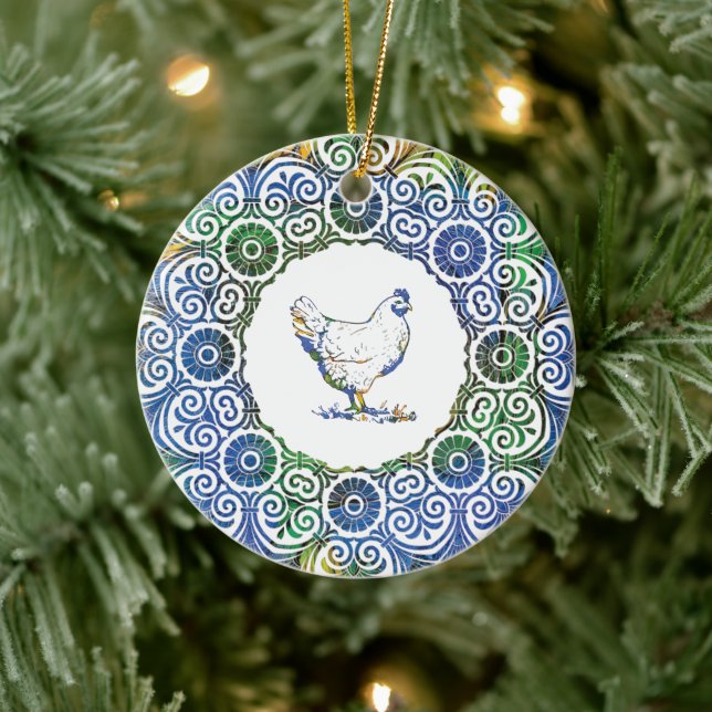 Frilly Chicken in Blue and Green Ceramic Tree Decoration (Tree)