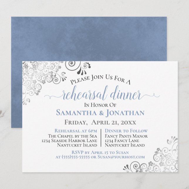 Frilly Elegant Blue Grey Wedding Rehearsal Dinner Invitation (Front/Back)