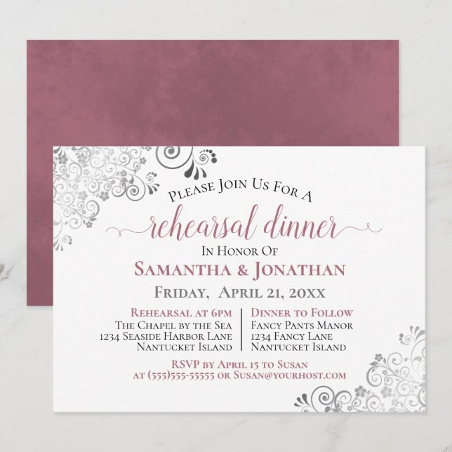Frilly Elegant Dusty Rose Wedding Rehearsal Dinner Invitation (Front/Back)