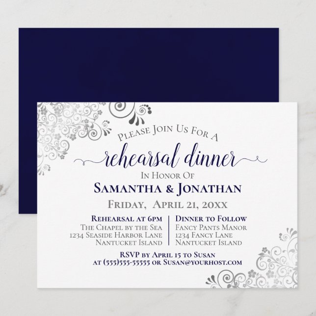 Frilly Elegant Navy Blue Wedding Rehearsal Dinner Invitation (Front/Back)