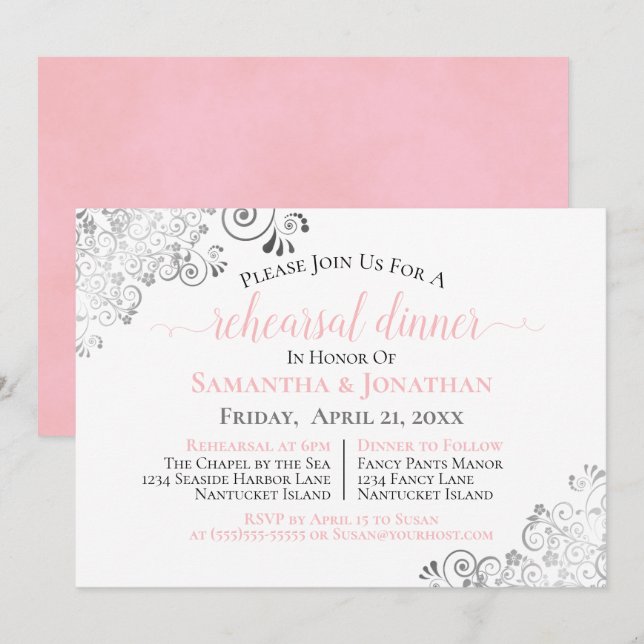 Frilly Elegant Pink Wedding Rehearsal Dinner Invitation (Front/Back)