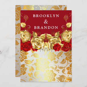 Frilly Gold Burgundy Maroon Simple Elegant Wedding Invitation