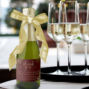 Frilly Gold on Burgundy Wedding Thank You Mini Sparkling Wine Label