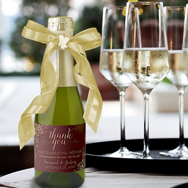 Frilly Gold on Burgundy Wedding Thank You Mini Sparkling Wine Label (Creator Uploaded)