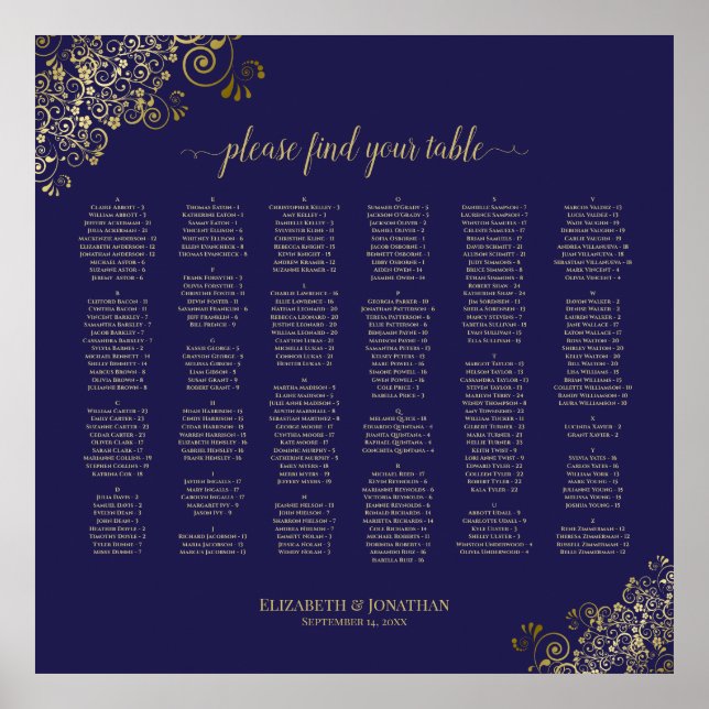 Frilly Navy Blue & Gold Alphabetical Seating Chart (Front)