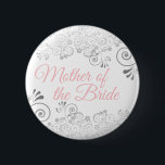Frilly Pink & Grey Mother of the Bride Wedding 6 Cm Round Badge<br><div class="desc">Identify the key players at your bridal shower, wedding or rehearsal dinner with our elegant, Pink & Grey buttons. This button features Silver grey faux foil lace frills on a white background with pink text reading Mother of the Bride. Perfect as a favour or gift for members of the wedding...</div>