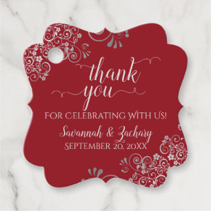 Frilly Red & Silver Grey Wedding Thank You Favour Tags