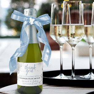 Frilly Silver Blue & White Wedding Thank You Mini Sparkling Wine Label