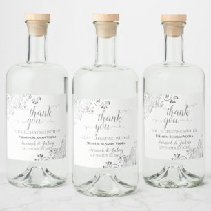Frilly Silver Grey on White Wedding Thank You Liquor Bottle Label