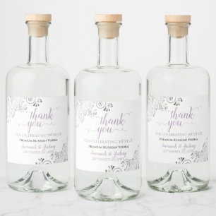 Frilly Silver Lavender & White Wedding Thank You Liquor Bottle Label