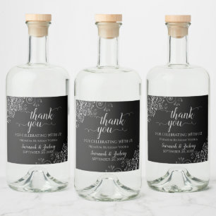 Frilly Silver on Black Wedding Thank You Liquor Bottle Label