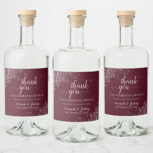 Frilly Silver on Burgundy Maroon Wedding Thank You Liquor Bottle Label