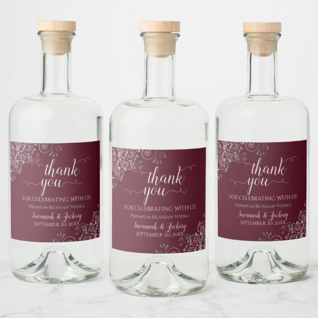 Frilly Silver on Burgundy Maroon Wedding Thank You Liquor Bottle Label (Bottles)