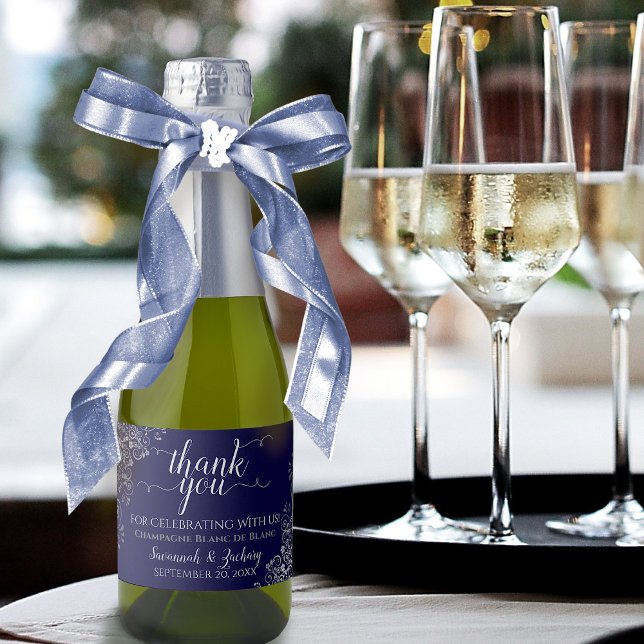 Frilly Silver on Navy Blue Wedding Thank You Mini Sparkling Wine Label (Creator Uploaded)