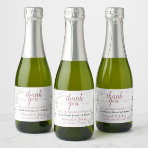 Frilly Silver Rose & White Wedding Thank You Mini Sparkling Wine Label