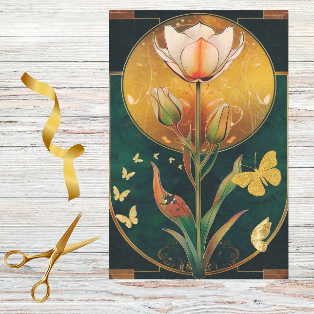 Frilly Tulip w Gold Butterflies n LadyBug on Green Tissue Paper (Creator Uploaded)
